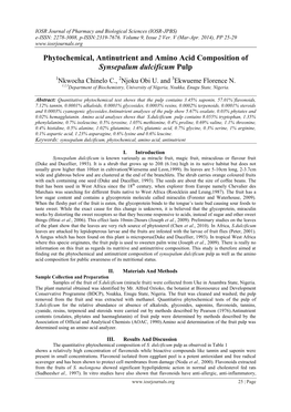 Phytochemical, Antinutrient and Amino Acid Composition of Synsepalum Dulcificum Pulp