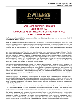 Acclaimed Theatre Producer John Frost Oam Announced As 2014 Recipient of the Prestigious