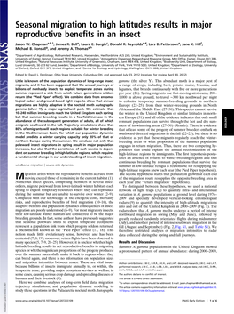 Seasonal Migration to High Latitudes Results in Major Reproductive Beneﬁts in an Insect