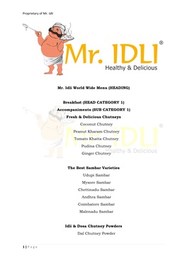 Mr. Idli World Wide Menu (HEADING) Breakfast (HEAD CATEGORY 1)