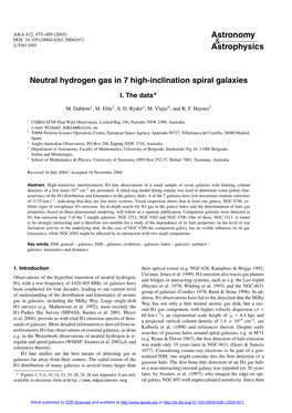 Neutral Hydrogen Gas in 7 High-Inclination Spiral Galaxies
