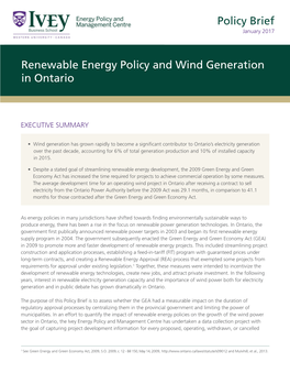 Renewable Energy Policy and Wind Generation in Ontario Policy Brief