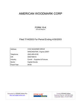 AMERICAN WOODMARK CORPORATION (Exact Name of the Registrant As Specified in Its Charter)