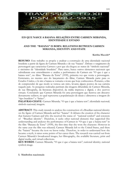 101 Eis Que Nasce a Baiana: Relações Entre Carmen Miranda, Identidade E Estado And
