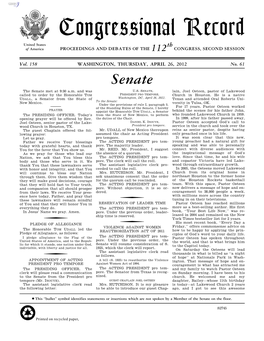 Congressional Record United States Th of America PROCEEDINGS and DEBATES of the 112 CONGRESS, SECOND SESSION