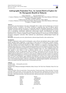 Andrographis Paniculata Ness, an Ancient Herb to Explore for Its Therapeutic Benefit in Malaysia