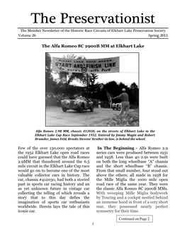 The Preservationist the Member Newsletter of the Historic Race Circuits of Elkhart Lake Preservation Society Volume 26 Spring 2015