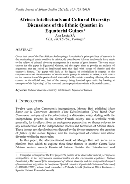 African Intellectuals and Cultural Diversity: Discussions of the Ethnic Question in Equatorial Guinea 1 Ana Lúcia SÁ CEA, ISCTE-IUL, Portugal