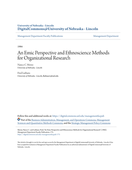 An Emic Perspective and Ethnoscience Methods for Organizational Research Nancy C