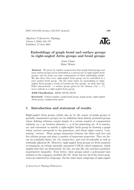 Embeddings of Graph Braid and Surface Groups in Right-Angled Artin Groups and Braid Groups John Crisp Bert Wiest