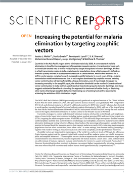 Increasing the Potential for Malaria Elimination by Targeting Zoophilic Vectors Received: 31 August 2016 Jessica L