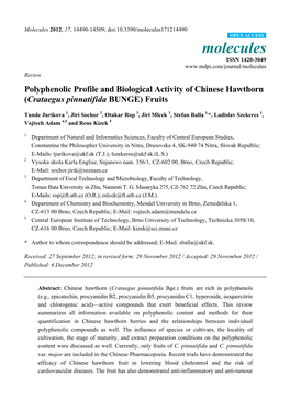 Polyphenolic Profile and Biological Activity of Chinese Hawthorn (Crataegus Pinnatifida BUNGE) Fruits