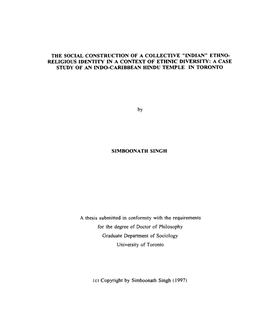 ETHNO- RELIGIOUS IDENTITY in a CONTEXT of ETHNTC DIVERSITY: a CASE STUDY of an LNDO-Cartbbegv MINDU TEMPLE in TORONTO