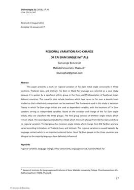 Regional Variation and Change of Tai Dam Single Initials