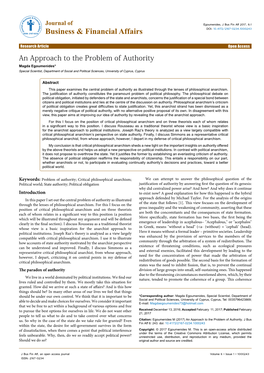 An Approach to the Problem of Authority Magda Egoumenides* Special Scientist, Department of Social and Political Sciences, University of Cyprus, Cyprus