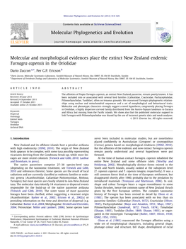 Molecular and Morphological Evidences Place the Extinct New Zealand Endemic Turnagra Capensis in the Oriolidae ⇑ Dario Zuccon A, , Per G.P