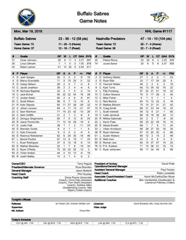 Buffalo Sabres Game Notes