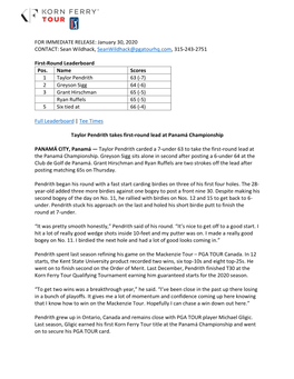 FOR IMMEDIATE RELEASE: January 30, 2020 CONTACT: Sean Wildhack, Seanwildhack@Pgatourhq.Com, 315-243-2751