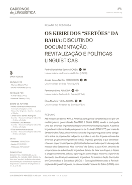 Os Kiriri Dos “Sertões” Da Bahia: Discutindo Documentação, Revitalização E Políticas Linguísticas