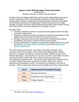 Report on the 2019 Mu Alpha Theta Convention Submitted by Professor Sharon E. Sweet, Faculty Adviser Mu Alpha Theta, the Nationa