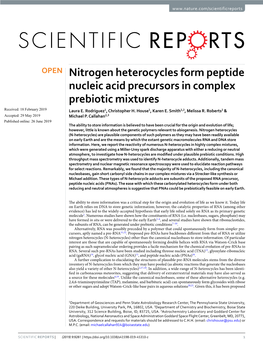 Nitrogen Heterocycles Form Peptide Nucleic Acid Precursors in Complex Prebiotic Mixtures Received: 18 February 2019 Laura E