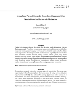 Lexical and Phrasal Semantic Extension of Japanese Color Words Based on Metonymic Motivation