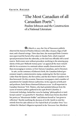 'The Most Canadian of All Canadian Poets': Pauline Johnson and the Construction of a National Literature