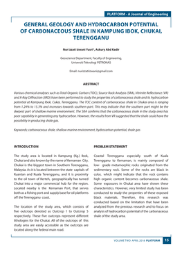 General Geology and Hydrocarbon Potential of Carbonaceous Shale in Kampung Ibok, Chukai, Terengganu