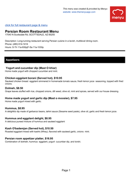 Persian Room Restaurant Menu 17040 N Scottsdale Rd, SCOTTSDALE, AZ 85255