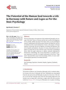 The Potential of the Human Soul Towards a Life in Harmony with Nature and Logos As Per the Stoic Psychology