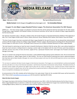 Kane County Cougars Media Release