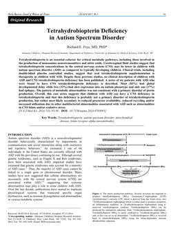 Tetrahydrobiopterin Deficiency in Autism Spectrum Disorder