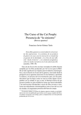 The Curse of the Cat People: Presencia De “Lo Siniestro” (Breves Apuntes)∗