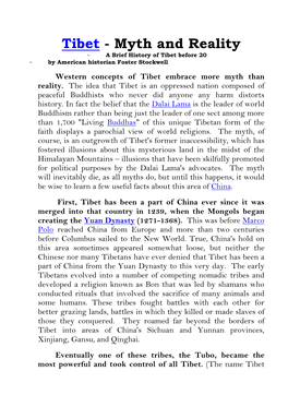 Tibet - Myth and Reality – a Brief History of Tibet Before 20 – by American Historian Foster Stockwell