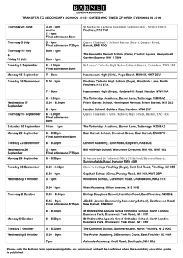 DATES and TIMES of OPEN EVENINGS in 2014 Thursday 26