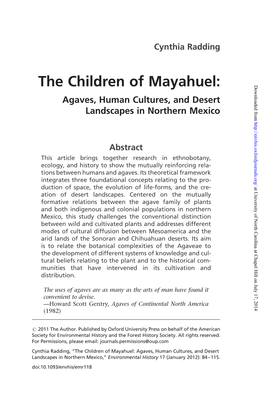 The Children of Mayahuel: Agaves, Human Cultures, and Desert Landscapes in Northern Mexico,” Environmental History 17 (January 2012): 84–115