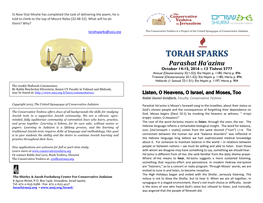 TORAH SPARKS Parashat Ha’Azinu October 14-15, 2016 – 13 Tishrei 5777 Annual (Deuteronomy 32:1-52): Etz Hayim P