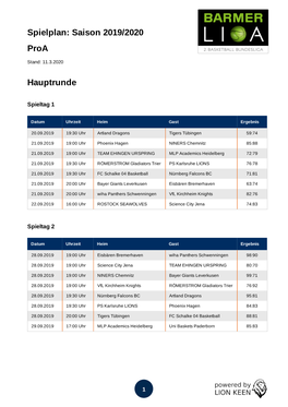 Spielplan: Saison 2019/2020 Proa Hauptrunde