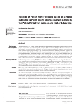 Ranking of Polish Higher Schools Based on Articles Published in Polish Sports Science Journals Indexed by the Polish Ministry of Science and Higher Education