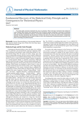 Fundamental Discovery of the Dialectical Unity Principle and Its Consequences for Theoretical Physics Kohut P* Researcher, Czech Republic