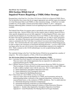 Final 2014 New York State Section 303(D) List of Impaired/TMDL Waters