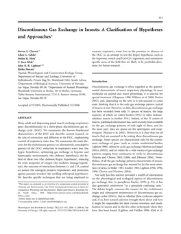 Discontinuous Gas Exchange in Insects: a Clariﬁcation of Hypotheses and Approaches*