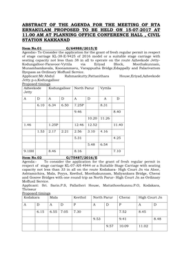 Abstract of the Agenda for the Meeting of Rta Ernakulam Proposed to Be Held on 15-07-2017 at 11.00 Am at Planning Office Conference Hall , Civil Station Kakkanad