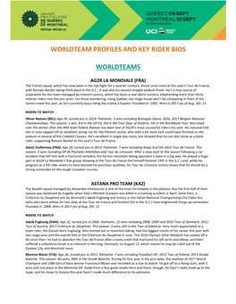 Worldteam Profiles and Key Rider Bios Worldteams