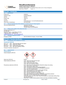 Hexafluorobenzene Safety Data Sheet 1600201 According to Federal Register / Vol