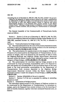 Highway-Railroad and Highway Bridge Capital Budget Act for 1982-1983, Amended October 10, 1984 (P.L.793, No.161), Is Amended to Read: Section 2