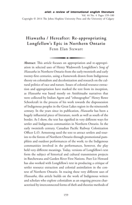 Hiawatha / Hereafter: Re-Appropriating Longfellow’S Epic in Northern Ontario Fenn Elan Stewart