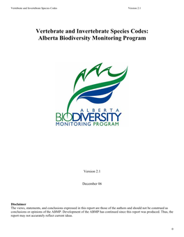 Vertebrate and Invertebrate Species Codes: Alberta Biodiversity Monitoring Program