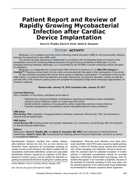 Patient Report and Review of Rapidly Growing Mycobacterial Infection After Cardiac Device Implantation Varun K