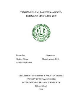 Tanzim-I-Islami Pakistan: a Socio- Religious Study, 1975-2010